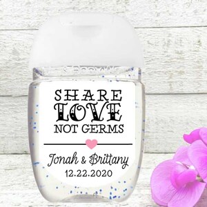 Hand Sanitizer Favor Labels for Wedding, Shower, Party 30 Personalized Mini Sanitizer Labels Share Love Not Germs Custom Heart Colors image 1