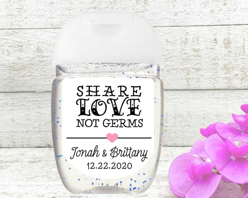 Hand Sanitizer Favor Labels for Wedding, Shower, Party 30 Personalized Mini Sanitizer Labels Share Love Not Germs Custom Heart Colors image 1