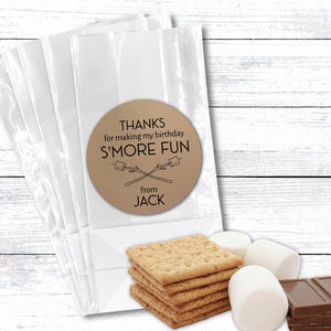 May include: Clear cellophane treat bags with a round sticker that reads "THANKS for making my birthday S'MORE FUN from JACK". The image includes graham crackers, marshmallows, and chocolate bars, suggesting a s'mores theme.