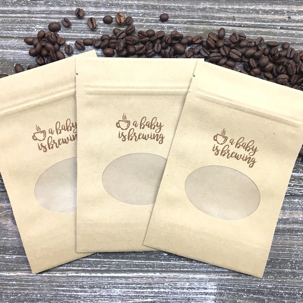 Baby is Brewing Favor Bags for Baby Shower - Kraft paper bags for coffee themed shower favors - Zip top coffee bean favor bags