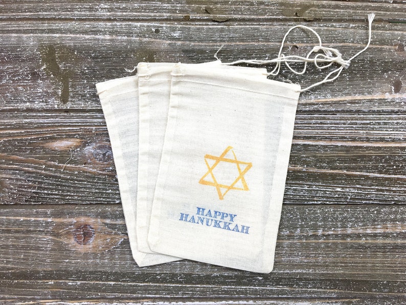 Hanukkah Gift Bags 8 cloth bags for party favors or gifts Rustic shabby chic decoration for Jewish holiday celebration Hand stamped image 4