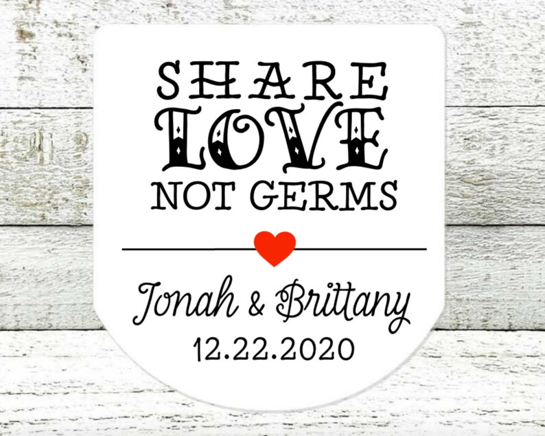 Hand Sanitizer Favor Labels for Wedding, Shower, Party 30 Personalized Mini Sanitizer Labels Share Love Not Germs Custom Heart Colors image 3