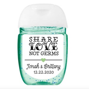 Hand Sanitizer Favor Labels for Wedding, Shower, Party 30 Personalized Mini Sanitizer Labels Share Love Not Germs Custom Heart Colors image 8