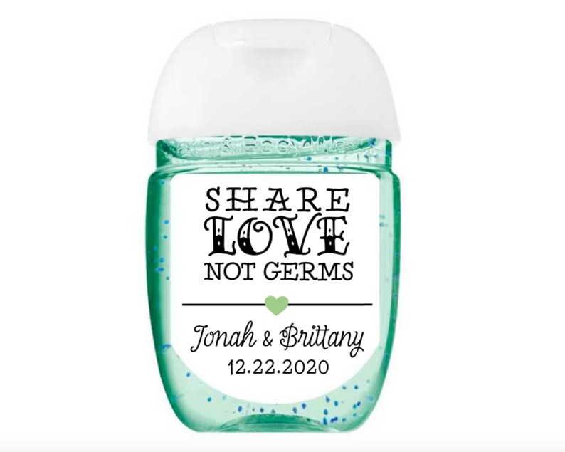 Hand Sanitizer Favor Labels for Wedding, Shower, Party 30 Personalized Mini Sanitizer Labels Share Love Not Germs Custom Heart Colors image 8