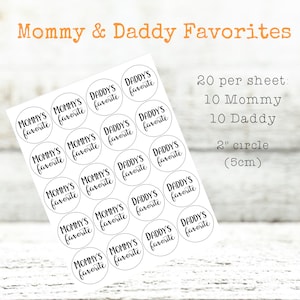 Baby Shower Favors 10 Mommy and 10 Daddy Favorites labels, fun gift for couples shower, add optional clear favor bags, guest gift stickers image 2