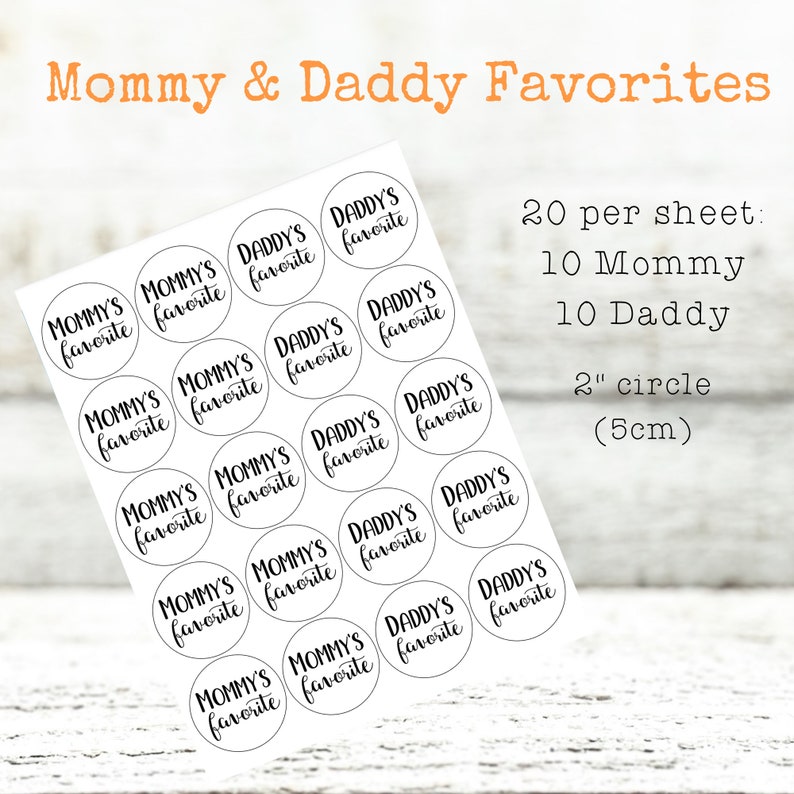 Baby Shower Favors 10 Mommy and 10 Daddy Favorites labels, fun gift for couples shower, add optional clear favor bags, guest gift stickers image 2