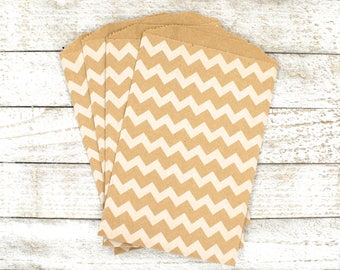 Chevron Stripe Gift Bags - 20 Middy Bitty Kraft Paper Bags - Gift wrap, wedding favor bag, candy buffet bag, party favor bag