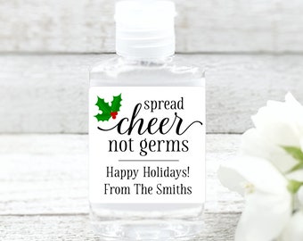 Holiday Favor Labels - 20 Personalized Mini Sanitizer Labels for Christmas - Spread Cheer, Not Germs - Xmas party, Holiday Open House Gift