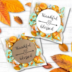 Thanksgiving Favors - Thankful & Blessed - Printed Tags with Optional Bags – Fall Table Decor – Rustic Autumn Guest Gift Labels – Set of 20