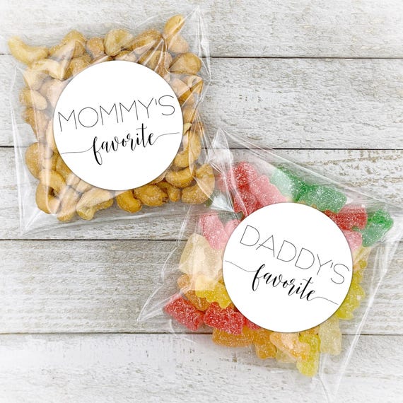 Baby Shower Favors - 10 Mommy and 10 Daddy Favorites labels, fun gift for couples shower, add optional clear favor bags, guest gift stickers