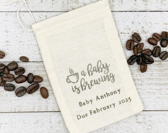 Personalized Baby Shower favor bags- Cloth favor bags, A Baby is Brewing, hand stamped favor bags for coffee or tea guest gifts