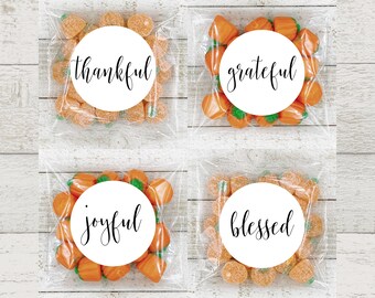 Thanksgiving Decor- stickers and bags, set of 20, Thankful Grateful Joyful Blessed, Matte white, Kraft brown, table decor, autumn decor