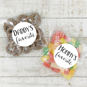 Baby Shower Favors 10 Mommy and 10 Daddy Favorites labels, fun gift for couples shower, add optional clear favor bags, guest gift stickers image 1