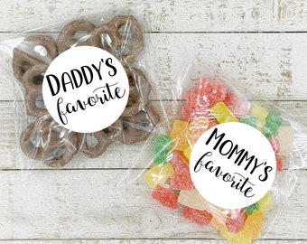 Baby Shower Favors - 10 Mommy and 10 Daddy Favorites labels, fun gift for couples shower, add optional clear favor bags, guest gift stickers