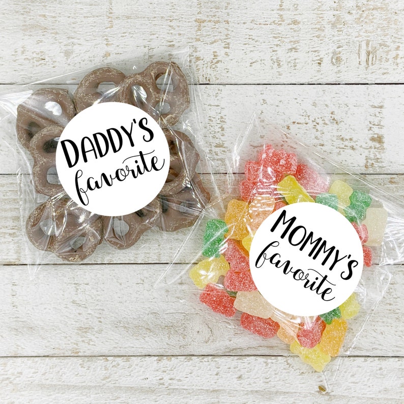 Baby Shower Favors 10 Mommy and 10 Daddy Favorites labels, fun gift for couples shower, add optional clear favor bags, guest gift stickers image 1