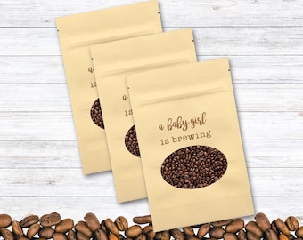 A Baby Girl is Brewing, Coffee Favor Bags for Baby Shower - Kraft coffee bags for shower favors - Zip top coffee bags, Gender Reveal