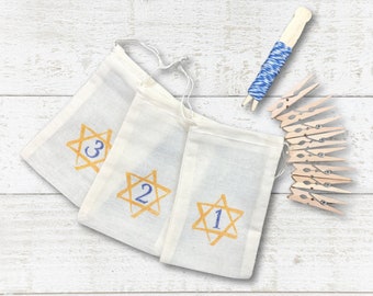 Hanukkah countdown calendar, Chanukah gift kit, 8 hand stamped cotton bags, Jewish holiday tradition, Festival of Lights gift wrap set