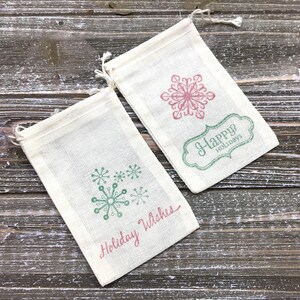 Holiday party favor bags Set of 10 Christmas gift bags Happy Holidays snowflakes in red and green Great gift card holder. image 4