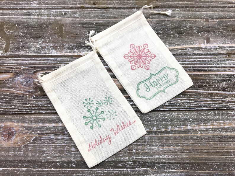 Holiday party favor bags Set of 10 Christmas gift bags Happy Holidays snowflakes in red and green Great gift card holder. image 4