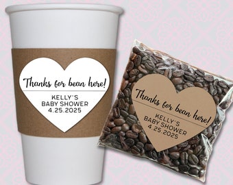 Personalized Baby Shower Favor Labels - Heart shaped stickers, Thanks for Bean Here, coffee or tea gift, coffee sleeve, gift for guests