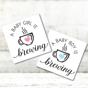 A Baby is Brewing Shower Favors for Coffee or Tea - 20 gender reveal stickers and optional favor bags - Baby Girl or Baby Boy is Brewing
