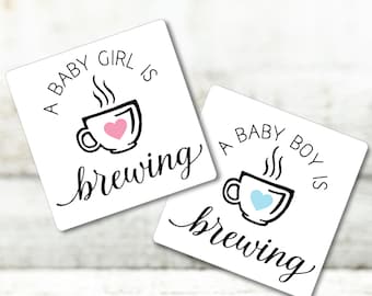 A Baby is Brewing Shower Favors for Coffee or Tea - 20 gender reveal stickers and optional favor bags - Baby Girl or Baby Boy is Brewing