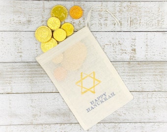 Hanukkah Gift Bags - 8 cloth bags for party favors or gifts -  Rustic shabby chic decoration for Jewish holiday celebration - Hand stamped