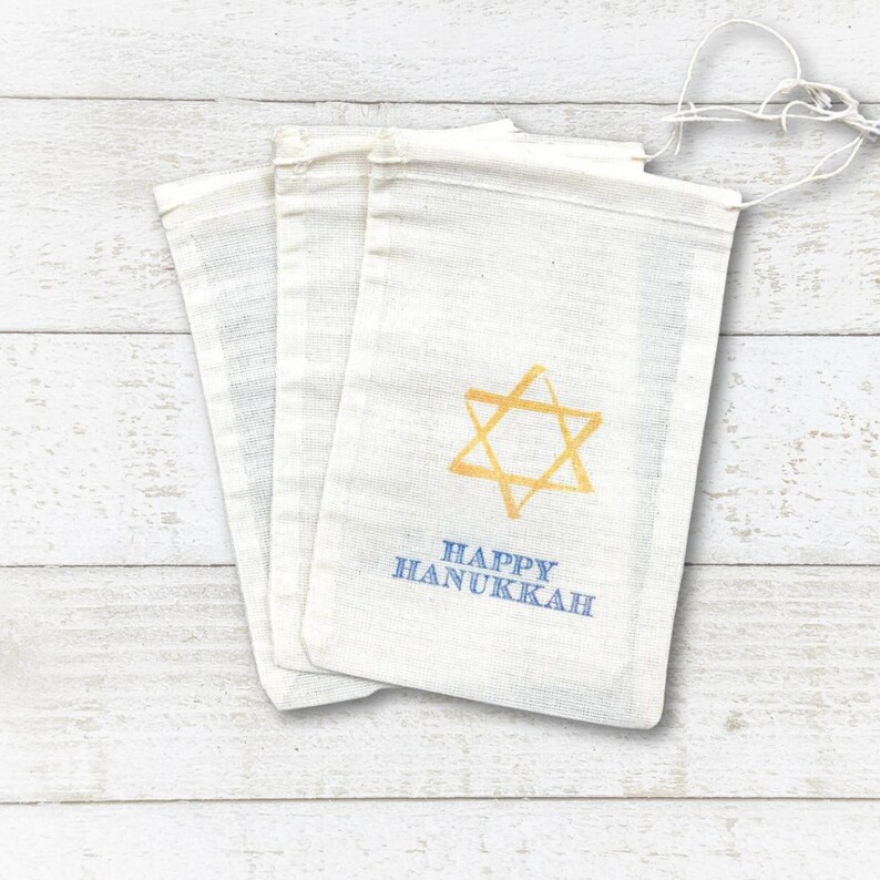 Hanukkah Gift Bags 8 cloth bags for party favors or gifts Rustic shabby chic decoration for Jewish holiday celebration Hand stamped image 2