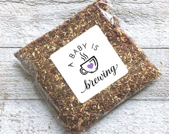 A Baby is Brewing shower favors, set of 20, coffee or tea favor packaging, gift labels with custom heart colors, add clear favor bags