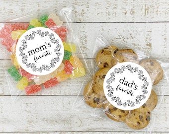 Baby Shower Favors - 10 Mom and 10 Dad Favorites labels, fun gift for couples shower, add optional clear favor bags, guest gift stickers