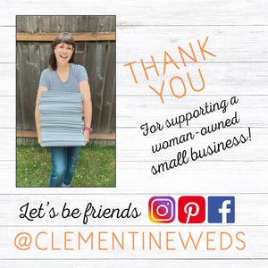 Photo of shop owner Brittany holding a huge stack of shipping envelopes, with a big smile!  Text overlay reads: Thank You for supporting a woman-owned small business! Let's be friends @clementineweds. Social media icons for Instagram, Pinterest, and Facebook are also included.