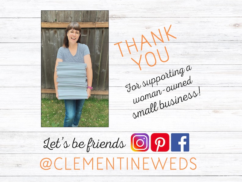 Photo of shop owner Brittany holding a huge stack of shipping envelopes, with a big smile!  Text overlay reads: Thank You for supporting a woman-owned small business! Let's be friends @clementineweds. Social media icons for Instagram, Pinterest, and Facebook are also included.