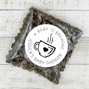 Personalized Baby Shower Favor Labels - 20 stickers, A Baby is Brewing, favor for guests, fits coffee sleeve, pod, or clear favor bags