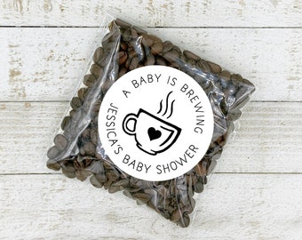 Personalized Baby Shower Favor Labels - 20 stickers, A Baby is Brewing, favor for guests, fits coffee sleeve, pod, or clear favor bags