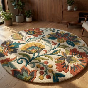 Round Floral Wool Rug, Handmade Multicolor Area Rug, Boho Botanical Carpet  for Living Room