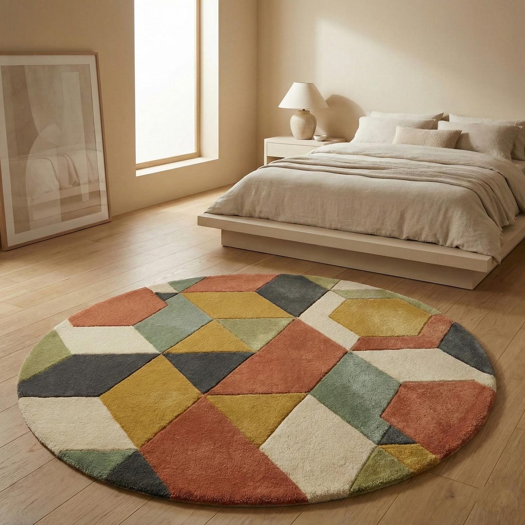 Round Geometric Wool Rug, Handmade Modern Multicolor Area Rug, Hexagon ...