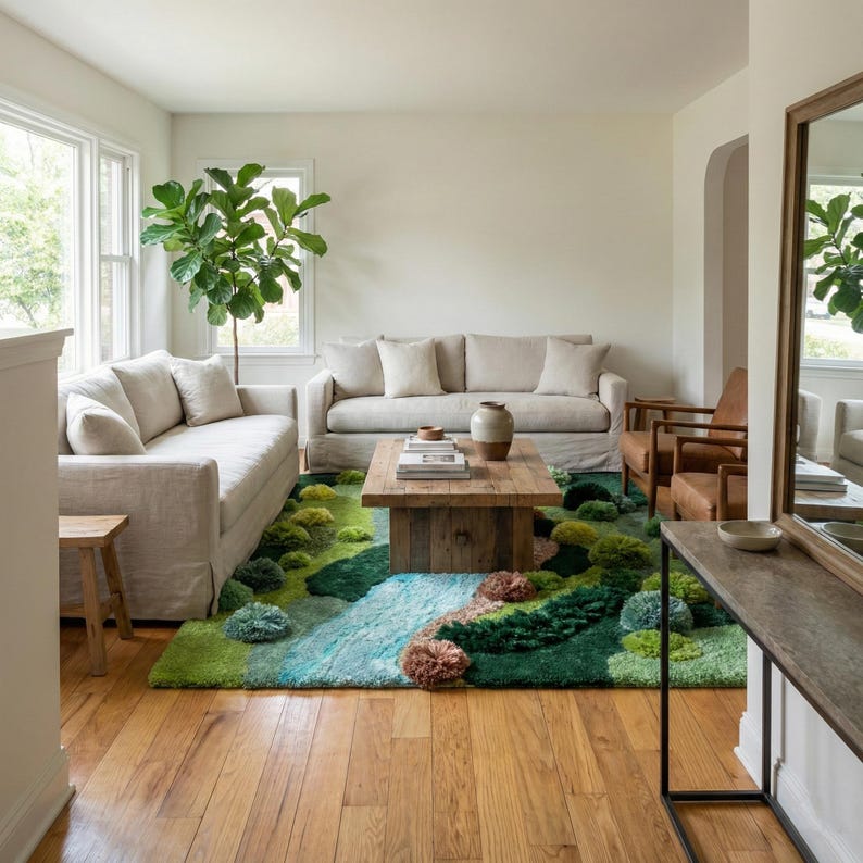 Hand Tufted Moss Rug – 3D Nature Landscape Wool Carpet, River Inspired ...