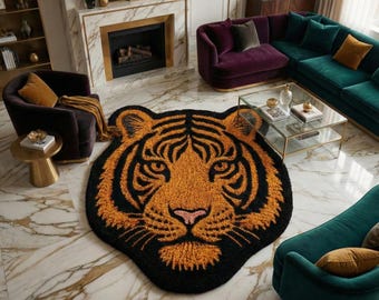 Tiger Face Rug | Hand Tufted Wool Animal Shape Statement Carpet