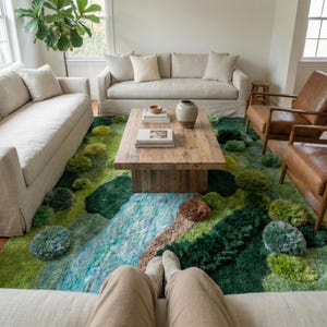 Alfombra de musgo tejida a mano: alfombra de lana con paisaje natural en 3D, alfombra artística inspirada en un río