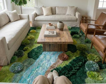 Handgetufteter Moosteppich - 3D Naturlandschaft Wollteppich, Fluss inspirierter Kunstteppich