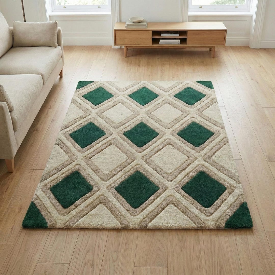 Deep Green Rug Pattern Geometric Green Wool Rug, Diamond Pattern Handmade Carpet - Etsy
