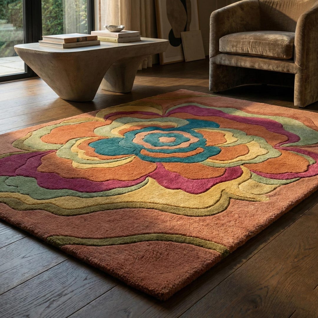 Multicolour Wool Rug Floral Wool Rug, Handmade Multicolor Area Rug, Modern Flower Carpet ...