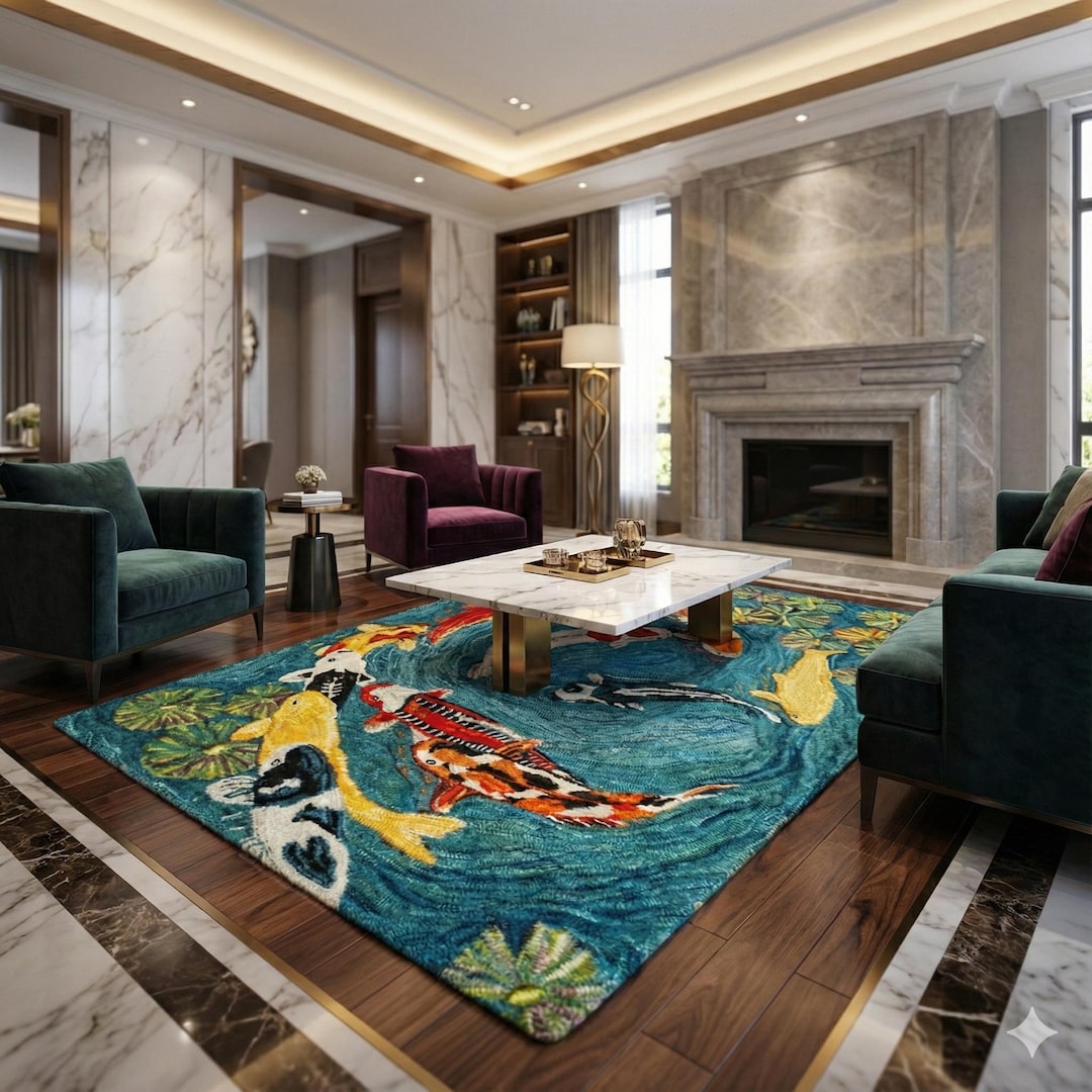Large Fis Rug Koi Fish Area Rug – Handmade Wool Japanese Pond Carpet - Etsy
