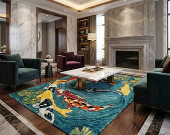 Koi Fish Area Rug – Handmade Wool Japanese Pond Carpet