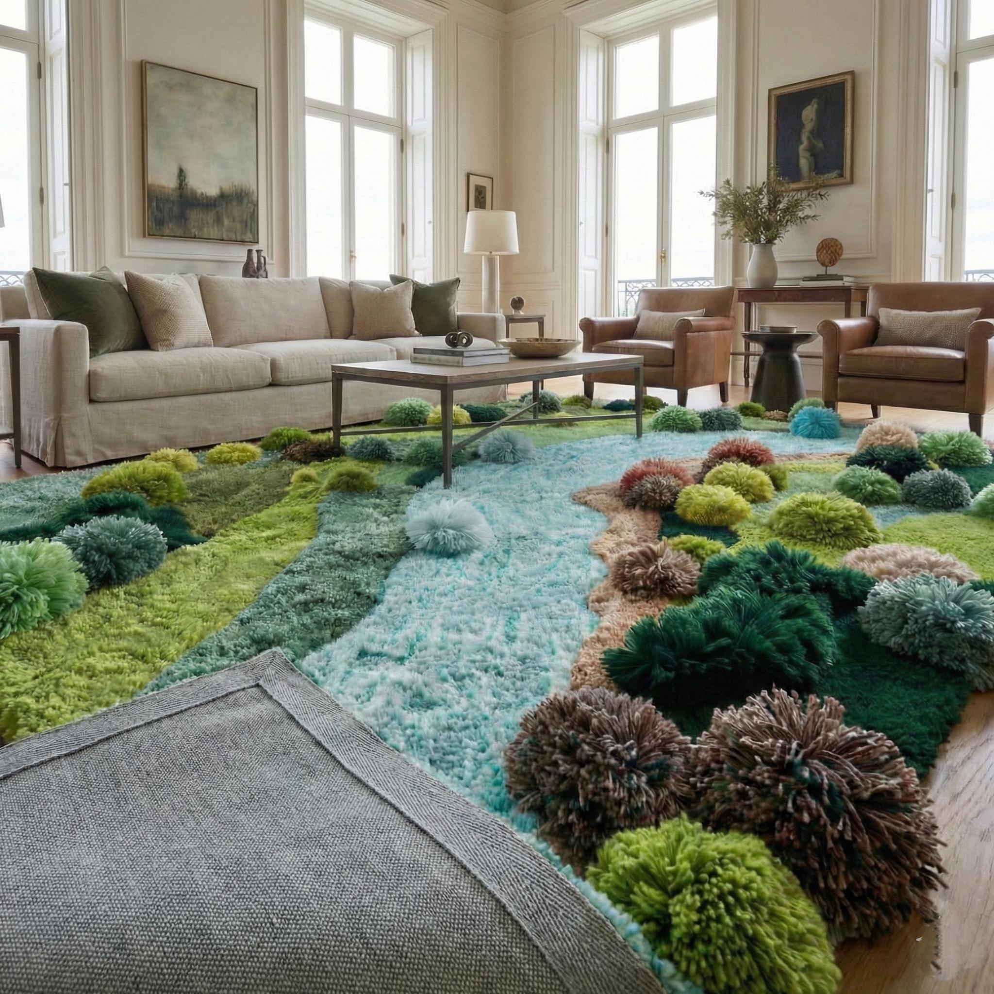 Hand Tufted Moss Rug – 3D Nature Landscape Wool Carpet, River Inspired ...