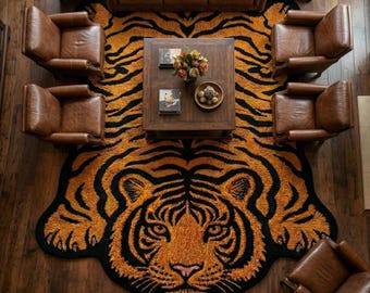 Animal Shape Tiger Rug | Handmade Wool Statement Floor Art