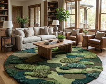 Round Moss Rug | Hand Tufted 3D Wool Nature Landscape Carpet