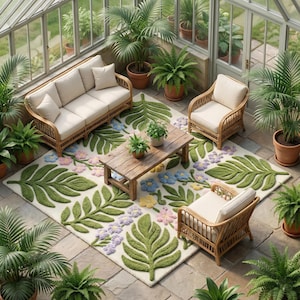 以下が含まれることがあります： サンルームには、木製のコーヒーテーブルを囲むように、ソファと2つのアームチェアを含むラタン製の家具が置かれています。緑の葉と花の模様の大きなラグが石の床に敷かれています。鉢植えの植物が座席エリアを囲んでいます。