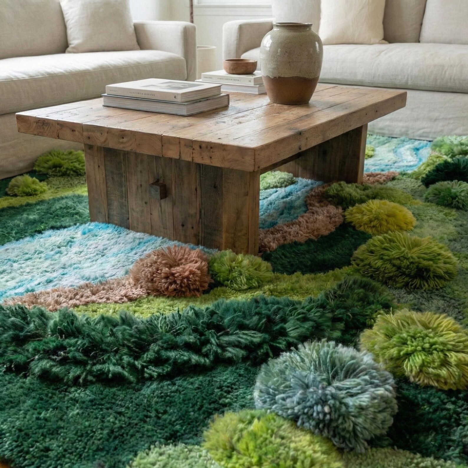 Hand Tufted Moss Rug – 3D Nature Landscape Wool Carpet, River Inspired ...