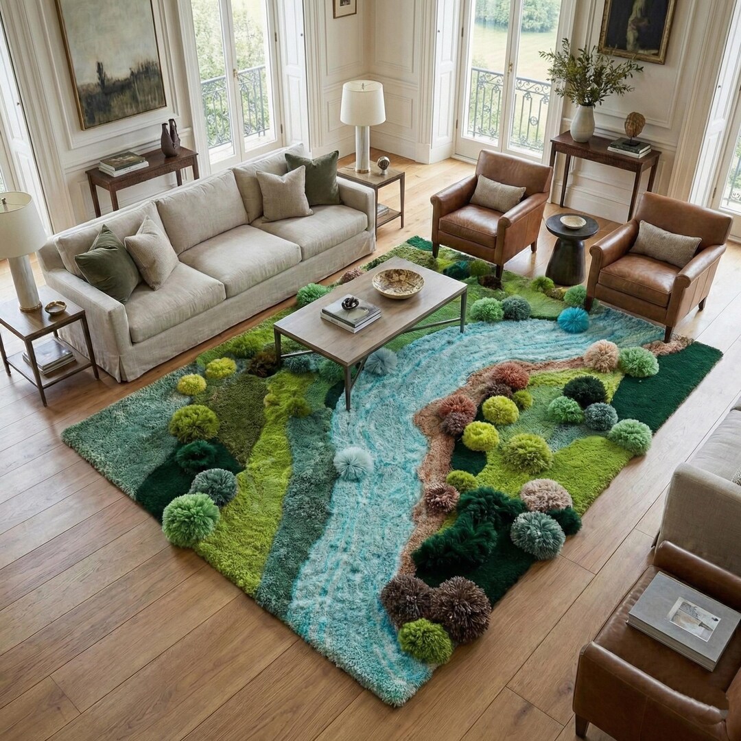 Hand Tufted Moss Rug – 3D Nature Landscape Wool Carpet, River Inspired ...